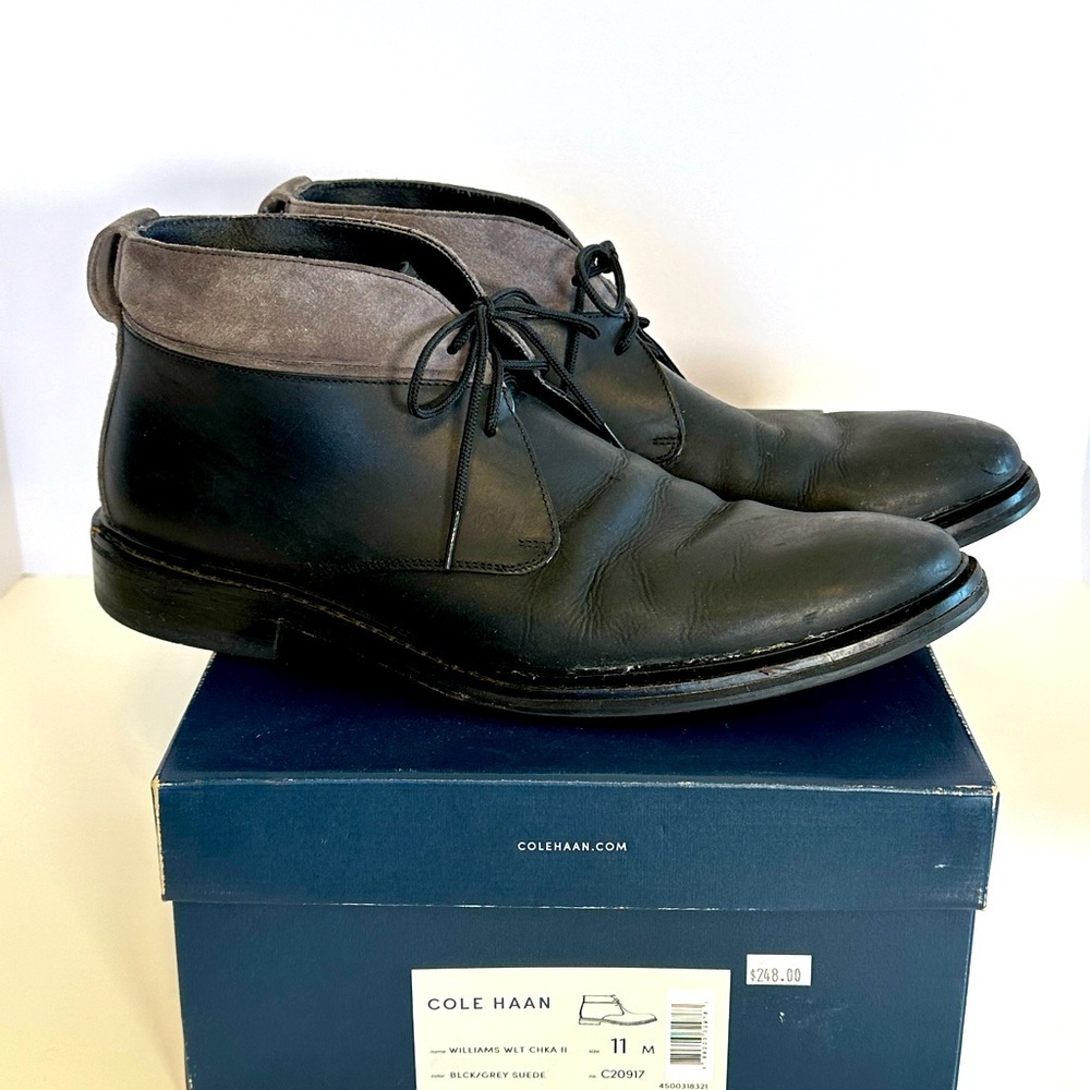 Cole Haan Black Leather and Gray Suede Chukka Boots